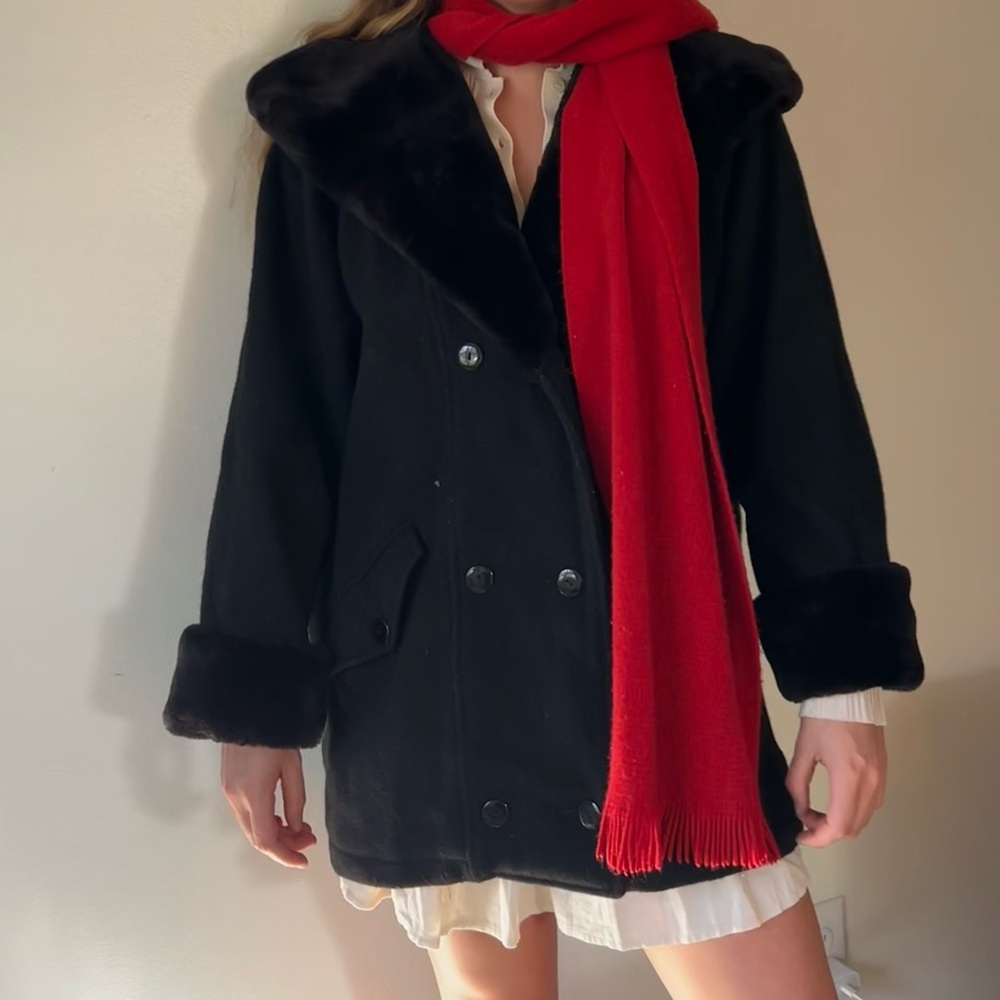 Vintage Black Faux Fur Coat Oversized Double Breasted size 10